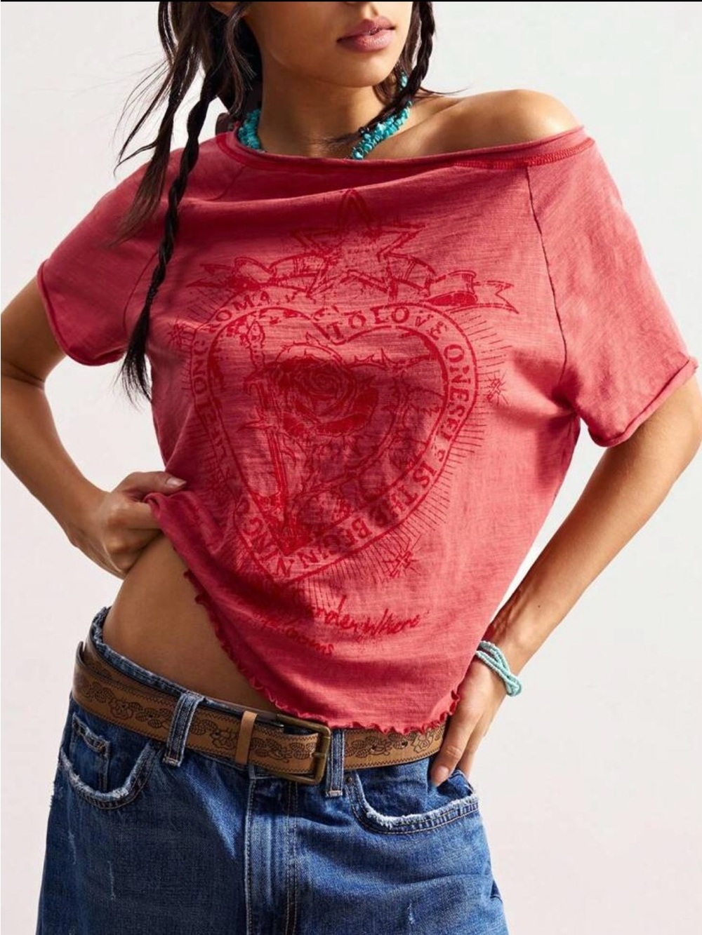 Women's Off-Shoulder Red Graphic Tee